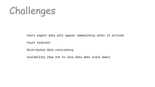 Challenges
Users expect data will appear immediately after it arrived
Fault tolerant
Distributed data consistency
Scalability (how not to lose data when scale down)
 