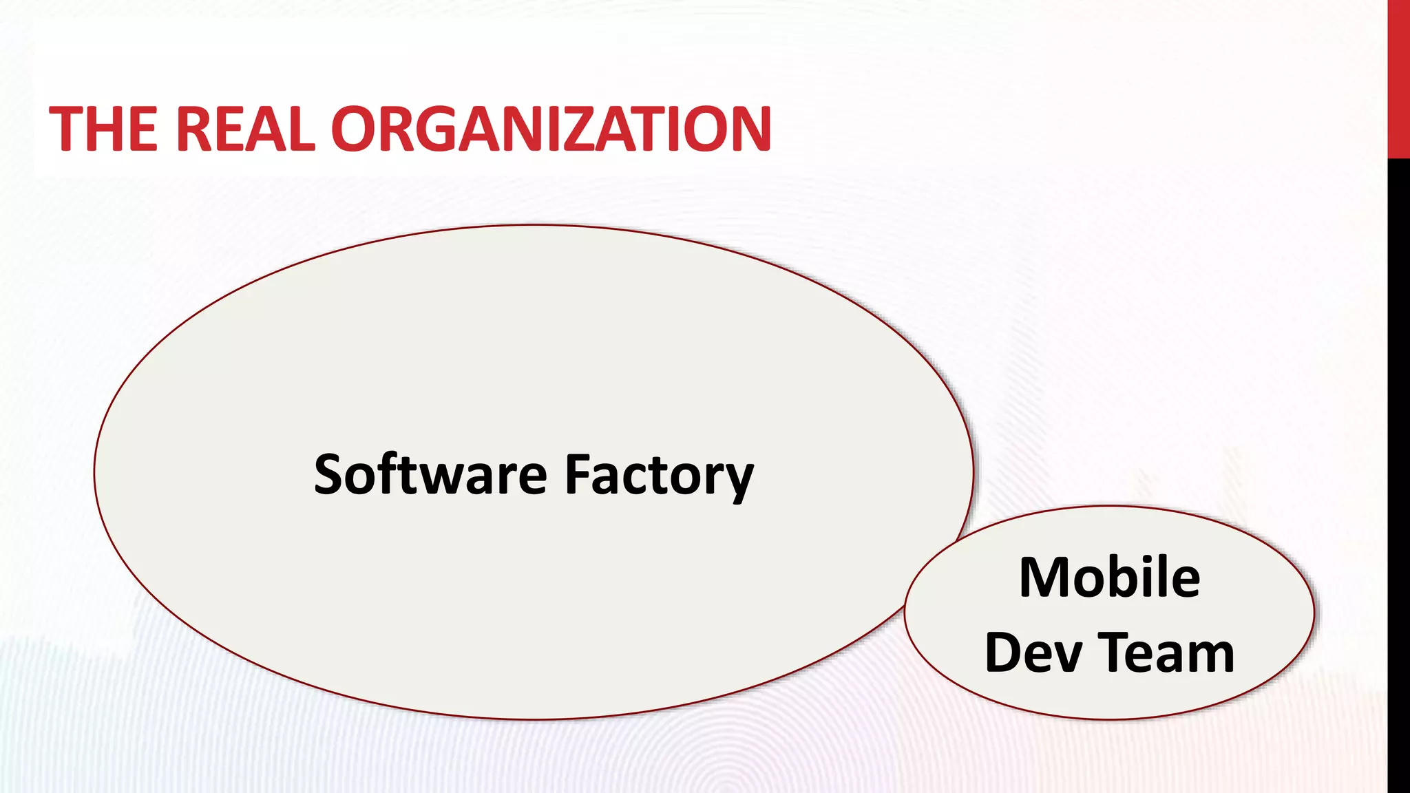 THE REAL ORGANIZATION
Software Factory
Mobile
Dev Team
 