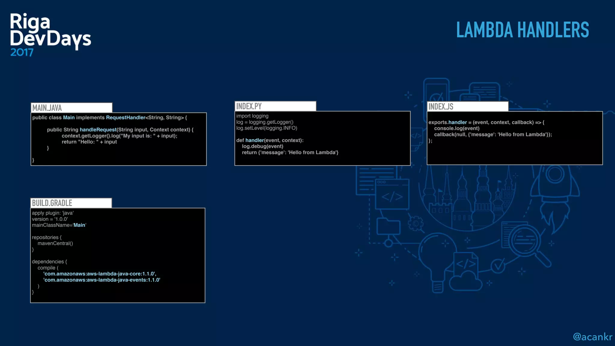 @acankr
LAMBDA HANDLERS
BUILD.GRADLE
apply plugin: 'java'
version = '1.0.0'
mainClassName='Main'
repositories {
mavenCentral()
}
dependencies {
compile (
'com.amazonaws:aws-lambda-java-core:1.1.0',
'com.amazonaws:aws-lambda-java-events:1.1.0'
)
}
MAIN.JAVA
public class Main implements RequestHandler<String, String> {
public String handleRequest(String input, Context context) {
context.getLogger().log("My input is: " + input);
return "Hello: " + input
}
}
INDEX.PY
import logging
log = logging.getLogger()
log.setLevel(logging.INFO)
def handler(event, context):
log.debug(event)
return {'message': 'Hello from Lambda'}
INDEX.JS
exports.handler = (event, context, callback) => {
console.log(event)
callback(null, {'message': 'Hello from Lambda'});
};
 
