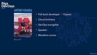 @acankr
@acankr
‣ Full stack developer ~ 15years
‣ Cloud Architect
‣ DevOps evangelist
‣ Speaker
‣ Marathon runner
ANTONS KRANGA
 