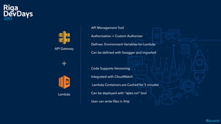@acankr
API Gateway
Lambda
+
- API Management Tool
- Authorization + Custom Authorizer
- Deﬁnes: Environment Variables for Lambda
- Can be deﬁned with Swagger and imported
- Code Supports Versioning
- Integrated with CloudWatch
- Lambda Containers are Cached for 5 minutes
- Can be deployed with “apex.run” tool
- User can write ﬁles in /tmp
 
