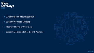 @acankr
▸ Challenge of ﬁrst execution
▸ Lack of Remote Debug
▸ Heavily Rely on Unit Tests
▸ Expect Unpredictable Event Payload
 