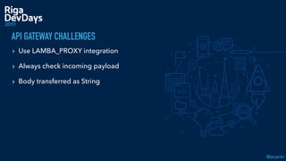 @acankr
API GATEWAY CHALLENGES
▸ Use LAMBA_PROXY integration
▸ Always check incoming payload
▸ Body transferred as String
 
