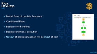 @acankr
▸ Model ﬂows of Lambda Functions
▸ Conditional ﬂows
▸ Design error handling
▸ Design conditional execution
▸ Output of previous function will be input of next
 
