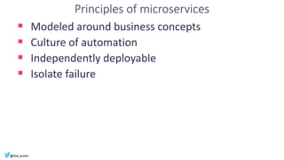 Principles of microservices
▪ Modeled around business concepts
▪ Culture of automation
▪ Independently deployable
▪ Isolate failure
 