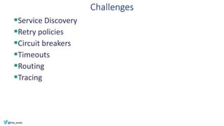 Challenges
▪Service Discovery
▪Retry policies
▪Circuit breakers
▪Timeouts
▪Routing
▪Tracing
 