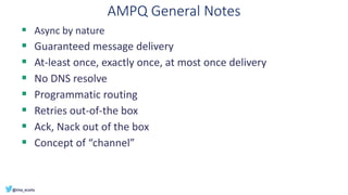 AMPQ General Notes
▪ Async by nature
▪ Guaranteed message delivery
▪ At-least once, exactly once, at most once delivery
▪ No DNS resolve
▪ Programmatic routing
▪ Retries out-of-the box
▪ Ack, Nack out of the box
▪ Concept of “channel”
 