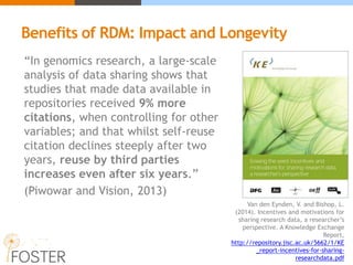 “In genomics research, a large-scale
analysis of data sharing shows that
studies that made data available in
repositories received 9% more
citations, when controlling for other
variables; and that whilst self-reuse
citation declines steeply after two
years, reuse by third parties
increases even after six years.”
(Piwowar and Vision, 2013)
Van den Eynden, V. and Bishop, L.
(2014). Incentives and motivations for
sharing research data, a researcher’s
perspective. A Knowledge Exchange
Report,
http://repository.jisc.ac.uk/5662/1/KE
_report-incentives-for-sharing-
researchdata.pdf
Benefits of RDM: Impact and Longevity
 