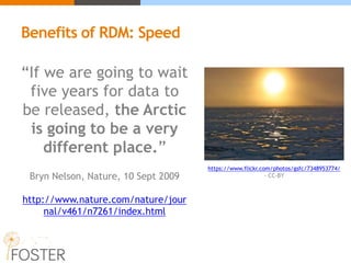 “If we are going to wait
five years for data to
be released, the Arctic
is going to be a very
different place.”
Bryn Nelson, Nature, 10 Sept 2009
http://www.nature.com/nature/jour
nal/v461/n7261/index.html
Benefits of RDM: Speed
https://www.flickr.com/photos/gsfc/7348953774/
- CC-BY
 