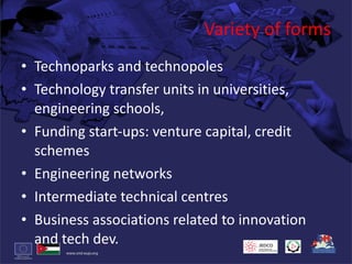 Variety of forms Technoparks and technopoles Technology transfer units in universities, engineering schools,  Funding start-ups: venture capital, credit schemes Engineering networks Intermediate technical centres Business associations related to innovation and tech dev. 