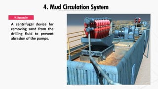 4. Mud Circulation System
9. Desander
A centrifugal device for
removing sand from the
drilling fluid to prevent
abrasion of the pumps.
Eng. Elsayed Amer
 