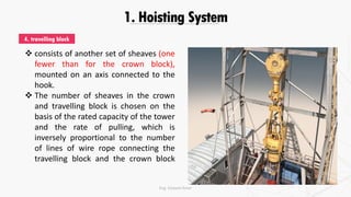 1. Hoisting System
 consists of another set of sheaves (one
fewer than for the crown block),
mounted on an axis connected to the
hook.
 The number of sheaves in the crown
and travelling block is chosen on the
basis of the rated capacity of the tower
and the rate of pulling, which is
inversely proportional to the number
of lines of wire rope connecting the
travelling block and the crown block
4. travelling block
Eng. Elsayed Amer
 