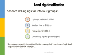 Light rigs, down to 2,000 m
Medium rigs, to 4,000 m
Heavy rigs, to 6,000 m
1
2
3
Ultra-heavy rigs for greater depths4
Landrigclassification
onshore drilling rigs fall into four groups:
Increasing capacity is matched by increasing both maximum hook load
capacity and derrick strength.
Eng. Elsayed Amer
 