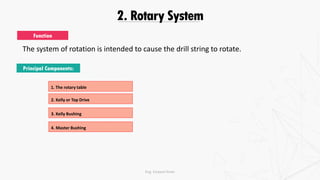 2. Rotary System
The system of rotation is intended to cause the drill string to rotate.
Function
Principal Components:
1. The rotary table
2. Kelly or Top Drive
3. Kelly Bushing
4. Master Bushing
Eng. Elsayed Amer
 