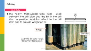  Drillstring
 The heavy, thick-walled tube steel, used
between the drill pipe and the bit in the drill
stem to provide pendulum effect to the drill
stem and to provide weight on bit.
C) Drill Collar
Eng. Elsayed Amer
Drill collar
Drillpipe
An 8” OD drill collar weighs
150 lbs/ft or 4500 lbs each
 