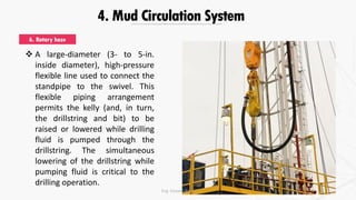 4. Mud Circulation System
6. Rotary hose
 A large-diameter (3- to 5-in.
inside diameter), high-pressure
flexible line used to connect the
standpipe to the swivel. This
flexible piping arrangement
permits the kelly (and, in turn,
the drillstring and bit) to be
raised or lowered while drilling
fluid is pumped through the
drillstring. The simultaneous
lowering of the drillstring while
pumping fluid is critical to the
drilling operation.
Eng. Elsayed Amer
 