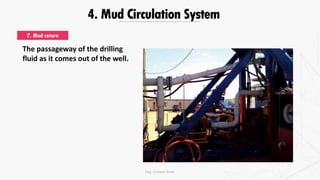 4. Mud Circulation System
7. Mud return
The passageway of the drilling
fluid as it comes out of the well.
Eng. Elsayed Amer
 