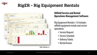 Oilfield Service and Rental
Operations Management Software
Rig Equipment Rentals v 1.0 includes
oilfield equipment rentals and service
operations:
• Service Request
• Service Schedule
• DeliveryTickets
• Rental Invoice
RigER – Rig Equipment Rentals
www.riger.ca © 2015 Belca Soft Corporation. All Rights Reserved 10
2012, Version 1.0
 