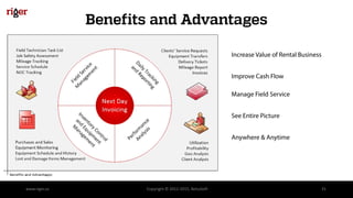Benefits and Advantages
www.riger.ca Copyright © 2012-2015, BelcaSoft 31
Increase Value of Rental Business
Improve Cash Flow
Manage Field Service
See Entire Picture
Anywhere & Anytime
 