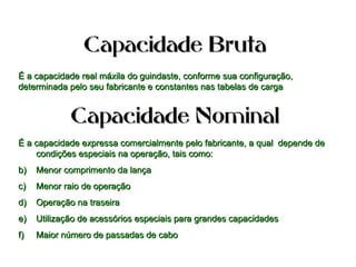 Capacidade BrutaCapacidade Bruta
É a capacidade real máxila do guindaste, conforme sua configuração,É a capacidade real máxila do guindaste, conforme sua configuração,
determinada pelo seu fabricante e constantes nas tabelas de cargadeterminada pelo seu fabricante e constantes nas tabelas de carga
Capacidade NominalCapacidade Nominal
É a capacidade expressa comercialmente pelo fabricante, a qual depende deÉ a capacidade expressa comercialmente pelo fabricante, a qual depende de
condições especiais na operação, tais como:condições especiais na operação, tais como:
b)b) Menor comprimento da lançaMenor comprimento da lança
c)c) Menor raio de operaçãoMenor raio de operação
d)d) Operação na traseiraOperação na traseira
e)e) Utilização de acessórios especiais para grandes capacidadesUtilização de acessórios especiais para grandes capacidades
f)f) Maior número de passadas de caboMaior número de passadas de cabo
 