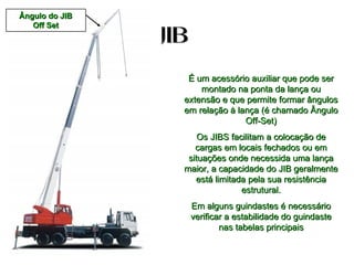 JIBJIB
É um acessório auxiliar que pode serÉ um acessório auxiliar que pode ser
montado na ponta da lança oumontado na ponta da lança ou
extensão e que permite formar ângulosextensão e que permite formar ângulos
em relação à lança (é chamado Ânguloem relação à lança (é chamado Ângulo
Off-Set)Off-Set)
Os JIBS facilitam a colocação deOs JIBS facilitam a colocação de
cargas em locais fechados ou emcargas em locais fechados ou em
situações onde necessida uma lançasituações onde necessida uma lança
maior, a capacidade do JIB geralmentemaior, a capacidade do JIB geralmente
está limitada pela sua resistênciaestá limitada pela sua resistência
estrutural.estrutural.
Em alguns guindastes é necessárioEm alguns guindastes é necessário
verificar a estabilidade do guindasteverificar a estabilidade do guindaste
nas tabelas principaisnas tabelas principais
Ângulo do JIBÂngulo do JIB
Off SetOff Set
 