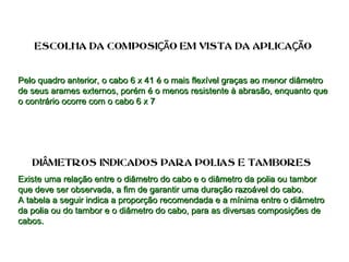 ESCOLHA DA COMPOSI O EM VISTA DA APLICA OÇÃ ÇÃESCOLHA DA COMPOSI O EM VISTA DA APLICA OÇÃ ÇÃ
Pelo quadro anterior, o cabo 6 x 41 é o mais flexível graças ao menor diâmetroPelo quadro anterior, o cabo 6 x 41 é o mais flexível graças ao menor diâmetro
de seus arames externos, porém é o menos resistente à abrasão, enquanto quede seus arames externos, porém é o menos resistente à abrasão, enquanto que
o contrário ocorre com o cabo 6 x 7o contrário ocorre com o cabo 6 x 7
DI METROS INDICADOS PARA POLIAS E TAMBORESÂDI METROS INDICADOS PARA POLIAS E TAMBORESÂ
Existe uma relação entre o diâmetro do cabo e o diâmetro da polia ou tamborExiste uma relação entre o diâmetro do cabo e o diâmetro da polia ou tambor
que deve ser observada, a fim de garantir uma duração razoável do cabo.que deve ser observada, a fim de garantir uma duração razoável do cabo.
A tabela a seguir indica a proporção recomendada e a mínima entre o diâmetroA tabela a seguir indica a proporção recomendada e a mínima entre o diâmetro
da polia ou do tambor e o diâmetro do cabo, para as diversas composições deda polia ou do tambor e o diâmetro do cabo, para as diversas composições de
cabos.cabos.
 