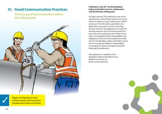 37
31.	 Good Communication Practices
Practice good communication within
the Lifting Team
Published in July 2011 by the Workplace
Safety and Health Council in collaboration
with the Ministry of Manpower.
All rights reserved. This publication may not be
reproduced or transmitted in any form or by any
means, in whole or in part, without prior written
permission. The information provided in this
publication is accurate as at time of printing.
All cases shared in this publication are meant for
learning purposes only. The learning points for
each case are not exhaustive and should not be
taken to encapsulate all the responsibilities and
obligations of the user of this publication under
the law. The Workplace Safety and Health Council
does not accept any liability or responsibility
to any party for losses or damage arising from
following this publication.
This publication is available on the
Workplace Safety and Health Council
Website: www.wshc.sg
Email: contact@wshc.sg
Rigger and Signalman must
maintain good communication
between each other at all times.
 