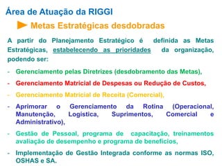 Área de Atuação da RIGGI 
Metas Estratégicas desdobradas 
A partir do Planejamento Estratégico é definida as Metas 
Estratégicas, estabelecendo as prioridades da organização, 
podendo ser: 
- Gerenciamento pelas Diretrizes (desdobramento das Metas), 
- Gerenciamento Matricial de Despesas ou Redução de Custos, 
- Gerenciamento Matricial de Receita (Comercial), 
- Aprimorar o Gerenciamento da Rotina (Operacional, 
Manutenção, Logística, Suprimentos, Comercial e 
Administrativo), 
- Gestão de Pessoal, programa de capacitação, treinamentos 
avaliação de desempenho e programa de benefícios, 
- Implementação de Gestão Integrada conforme as normas ISO, 
OSHAS e SA. 
 