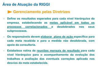 Área de Atuação da RIGGI 
Gerenciamento pelas Diretrizes 
- Define os resultados esperados para cada nível hierárquico da 
empresa, estabelecendo as metas aplicável em todos os 
processos correlacionados e desdobrados nos seus 
subprocessos. 
- Os responsáveis devem elaborar plano de ação específico para 
cada meta recebida e para a medida não desdobrada, com 
apoio da consultoria. 
- Estabelece rotina de reuniões mensais de resultado para cada 
nível hierárquico para o acompanhamento da evolução dos 
trabalhos e avaliação das eventuais correções aplicada nos 
desvios da meta estabelecida. 
 