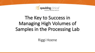 The	Key	to	Success	in	
Managing	High	Volumes	of	
Samples	in	the	Processing	Lab
Riggi	Hoene
 
