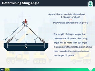 18
Determining Sling Angle
A good thumb rule is to always have
L ( Length of sling )
>=
D (Distance between the lift point)
The length of sling is longer than
between the lift points, then sling
angle will be more than 60o angle .
If using more than 2 lift point at a time,
then consider the distance between
two longer lift points.
 