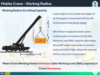 9
Mobile Crane - Working Radius
Working Radius V/s Lifting Capacity
When Crane Working Radius Increases Safe Working Load (SWL) capacity of
Crane Decreases.
Load weight must include the weight of
all lifting gears associated with the lift,
including the hook block weight
When Boom angle decreases crane
working radius increase and the Safe
Working Load (SWL) capacity decreases.
Above 800 angle load will be so close to
crane and risk is high, where the load will
hit the crane due to any reason
 