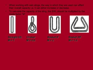 • When working with web slings, the way in which they are used can affect
their overall capacity i.e. it can either increase or decrease.
• To calculate the capacity of the sling, the SWL should be multiplied by the
mode factor “M”
Straight lift
Straight lift Choker Basket 0
Choker Basket 0
 Basket 90
Basket 90

M = 1
M = 1 M = 0.8
M = 0.8 M = 2
M = 2 M = 1.4
M = 1.4
 
