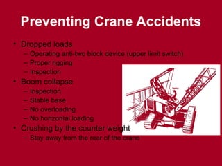 Preventing Crane Accidents
• Dropped loads
– Operating anti-two block device (upper limit switch)
– Proper rigging
– Inspection
• Boom collapse
– Inspection
– Stable base
– No overloading
– No horizontal loading
• Crushing by the counter weight
– Stay away from the rear of the crane
 