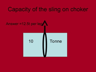 Capacity of the sling on choker
10 Tonne
Answer =12.5t per leg
 