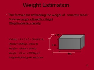 72
2 m.
3 m.
4m.
Weight Estimation.
• The formula for estimating the weight of concrete block :
Volume=Length x Breadth x Height
Weight=volume x density
Volume = 4 x 3 x 2 = 24 cubic m.
Density=2500kgs / cubic m.
Weight= volume x density
Weight = 24 m3
x 2500kg/m3
.
weight=60,000 kg=60 metric ton
 