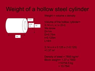 Weight of a hollow steel cylinder
1m
0.125m
0.75
m
4m
Weight = volume x density
Volume of the hollow cylinder=
3.14 x L x t x (D-t)
We know
D=1m
D=0.75m
t=0.125m
L=4m
3.14 x 4 x 0.125 x (1-0.125)
=1.37 m3
Density of steel = 7850 kg/m3
Block weight= 1.37 x 7850
=10754.5 kg
= 10.754t
 