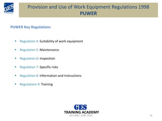 GES-R&S- JUNE 2020 10
TRAINING ACADEMY
PUWER Key Regulations
▪ Regulation 4: Suitability of work equipment
▪ Regulation 5: Maintenance
▪ Regulation 6: Inspection
▪ Regulation 7: Specific risks
▪ Regulation 8: Information and Instructions
▪ Regulations 9: Training
Provision and Use of Work Equipment Regulations 1998
PUWER
 