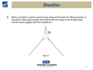 GES-R&S- JUNE 2020 106
TRAINING ACADEMY
8) When a shackle is used to connect two slings to the hook of a lifting machine, it
should be a Bow type shackle assembled with the slings in the shackle body
and the hook engaged with the shackle pin.
Shackles
 