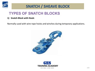 SNATCH / SHEAVE BLOCK
154
GES-R&S- JUNE 2020
TRAINING ACADEMY
TYPES OF SNATCH BLOCKS
1) Snatch Block with Hook:
Normally used with wire rope hoists and winches during temporary applications.
 