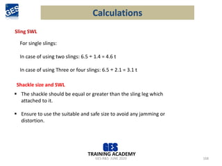 GES-R&S- JUNE 2020 168
TRAINING ACADEMY
Sling SWL
For single slings:
In case of using two slings: 6.5 ÷ 1.4 = 4.6 t
In case of using Three or four slings: 6.5 ÷ 2.1 = 3.1 t
Shackle size and SWL
▪ The shackle should be equal or greater than the sling leg which
attached to it.
▪ Ensure to use the suitable and safe size to avoid any jamming or
distortion.
Calculations
 