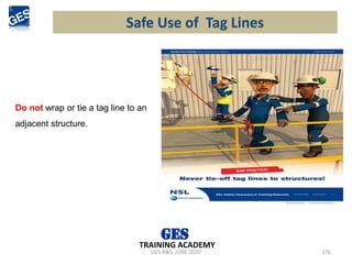 GES-R&S- JUNE 2020 176
TRAINING ACADEMY
Do not wrap or tie a tag line to an
adjacent structure.
Safe Use of Tag Lines
 