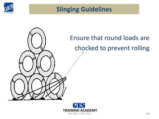 Ensure that round loads are
chocked to prevent rolling
GES-R&S- JUNE 2020 188
TRAINING ACADEMY
Slinging Guidelines
 