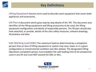 GES-R&S- JUNE 2020 19
TRAINING ACADEMY
Lifting Equipment Generic term used to describe work equipment that covers both
appliances and accessories.
Lift Plan A document which gives step by step details of the ‘lift’. The document also
identifies all the lifting equipment and lifting accessories to be used, the lifting
equipment configuration and details of responsible persons. The lift plan should also
have attached, or provide, details of the sites safety measures, relevant drawings,
illustrations and data.
Safe Working Load (SWL) The maximum load (as determined by a competent
person) that an item of lifting equipment or system may raise, lower or in a given
configuration or environmental condition (see WLL below). The designated Lifting
Operations competent person must establish the safe loading limit of all components
used in any lift and must NOT exceed the SWL or WLL.
Key Definitions
 