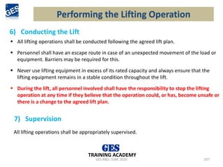 GES-R&S- JUNE 2020 207
TRAINING ACADEMY
▪ All lifting operations shall be conducted following the agreed lift plan.
▪ Personnel shall have an escape route in case of an unexpected movement of the load or
equipment. Barriers may be required for this.
▪ Never use lifting equipment in excess of its rated capacity and always ensure that the
lifting equipment remains in a stable condition throughout the lift.
▪ During the lift, all personnel involved shall have the responsibility to stop the lifting
operation at any time if they believe that the operation could, or has, become unsafe or
there is a change to the agreed lift plan.
Performing the Lifting Operation
6) Conducting the Lift
7) Supervision
All lifting operations shall be appropriately supervised.
 