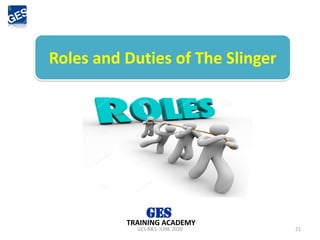 GES-R&S- JUNE 2020 21
TRAINING ACADEMY
Roles and Duties of The Slinger
 