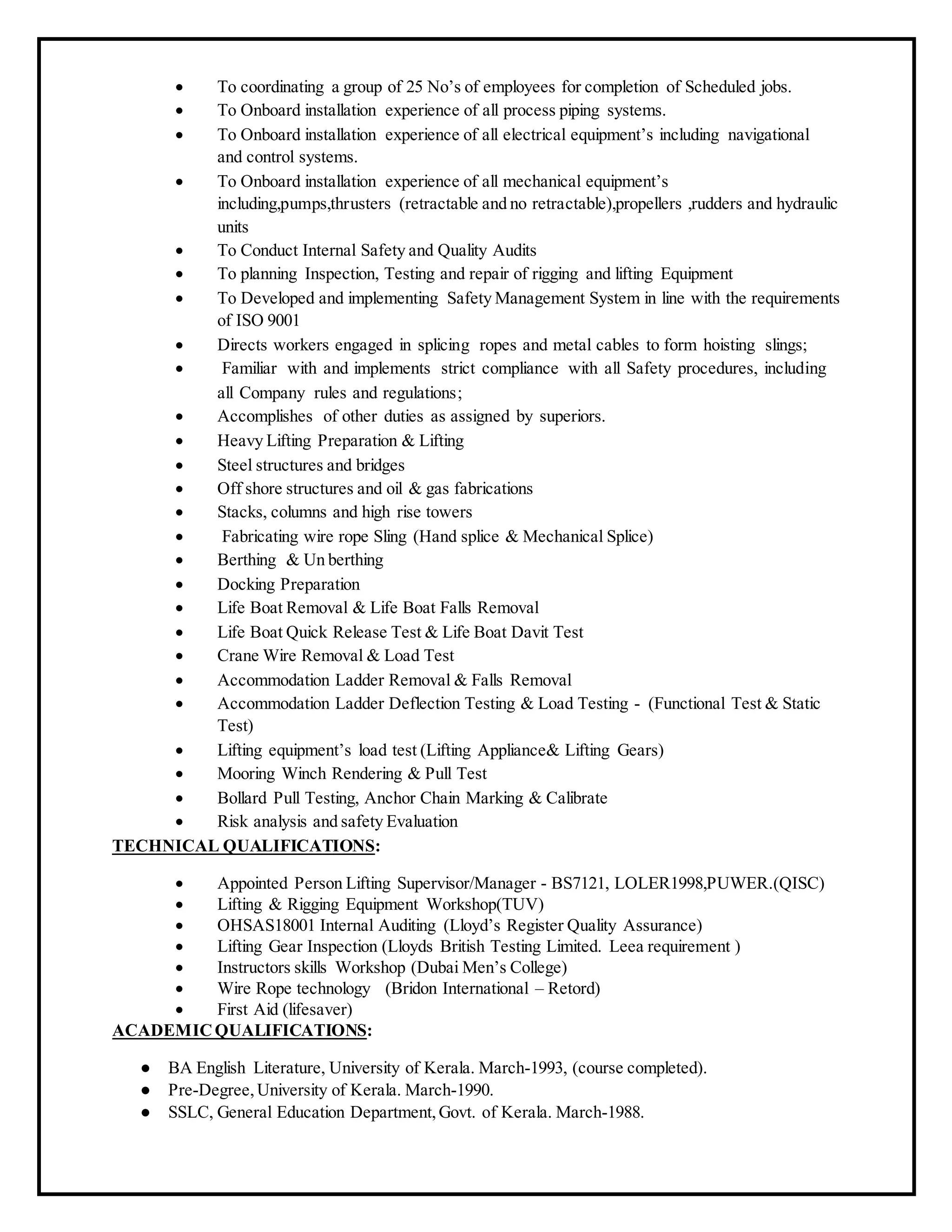 Rigging Supervisor Rigging And Lifting Trainer Docx