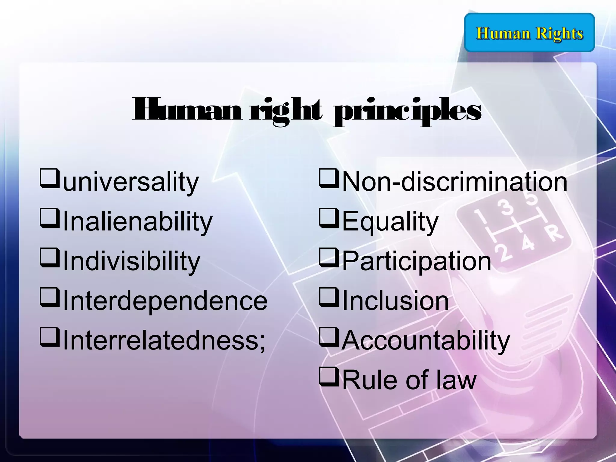 Human right principles
universality
Inalienability
Indivisibility
Interdependence
Interrelatedness;

Non-discrimination
Equality
Participation
Inclusion
Accountability
Rule of law

 