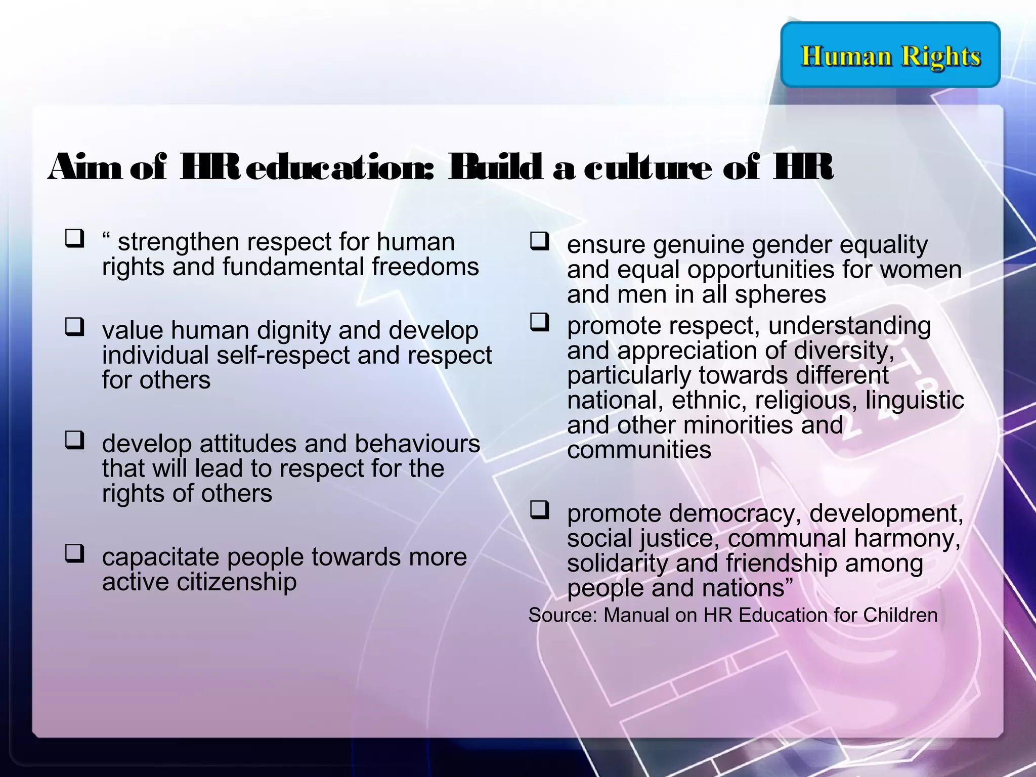 Aim of HR education: Build a culture of HR
 “ strengthen respect for human
rights and fundamental freedoms
 value human dignity and develop
individual self-respect and respect
for others
 develop attitudes and behaviours
that will lead to respect for the
rights of others
 capacitate people towards more
active citizenship

 ensure genuine gender equality
and equal opportunities for women
and men in all spheres
 promote respect, understanding
and appreciation of diversity,
particularly towards different
national, ethnic, religious, linguistic
and other minorities and
communities
 promote democracy, development,
social justice, communal harmony,
solidarity and friendship among
people and nations”
Source: Manual on HR Education for Children

 