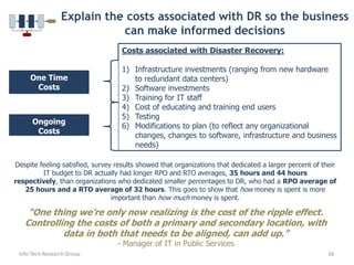 The IT side of an organization is responsible for its DRBusiness ContinuityA set of procedures that organizations can adopt in an effort to minimize the impact that an outage has on all aspects of a business